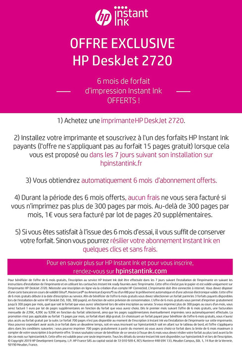 HP Deskjet 2720 Imprimante Tout-en-Un Jet d'Encre Couleur et Noir/Blanc (A4, Wifi, Bluetooth, HP Smart, Impression, Copie, Numérisation, 2 Mois de Forfait Instant Ink Inclus avec l'imprimante)